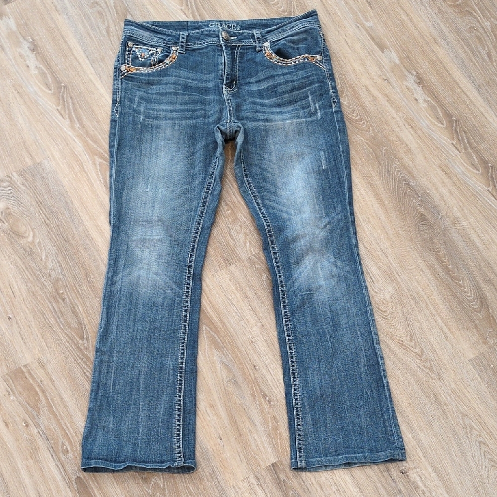 Grace in LA Stylish Blue BLINGY bead🩵🪶🧡Jeans Women's size 32